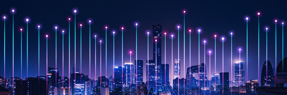 Abstract concept of data and cybersecurity on cityscape