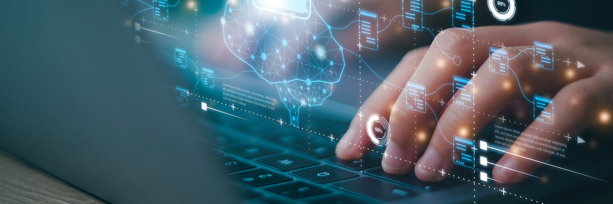 The Human Role in AI Development: Finding the Balance Graphic of user working on laptop with ai graphic displayed