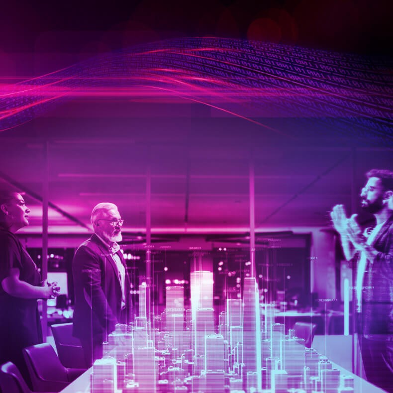 Business team meeting held virtually utilizing generative AI display