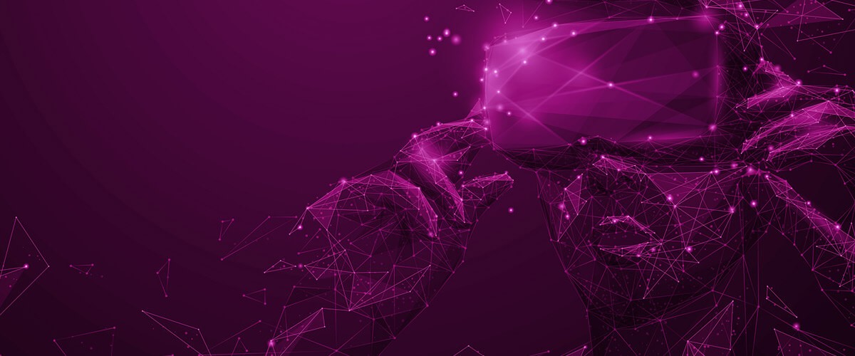 Provide an innovative path for employees to work smarter from any location. User wearing Hololens 2 glasses in AI like environment. Mixed reality, Augmented reality, Virtual reality, AR/VR