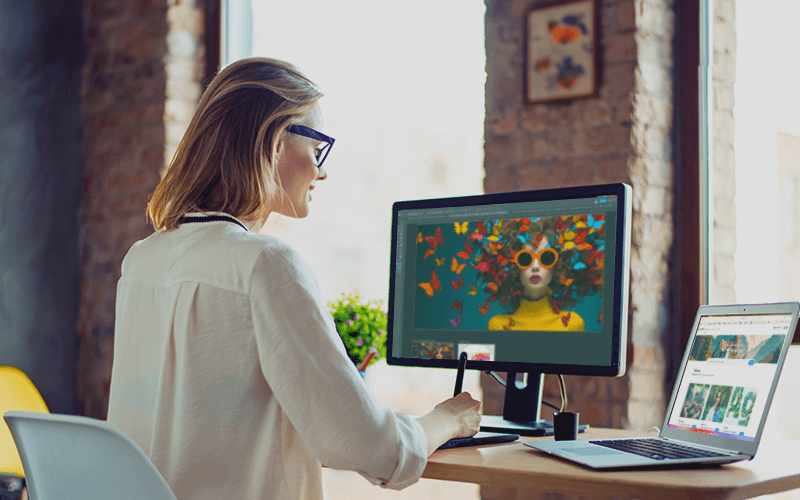 Let your creativity evolve. Woman with glasses working