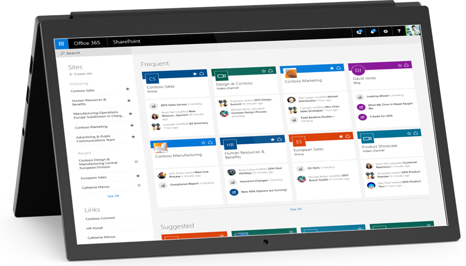 SHarePoint Online frequented sites displayed on tablet computer