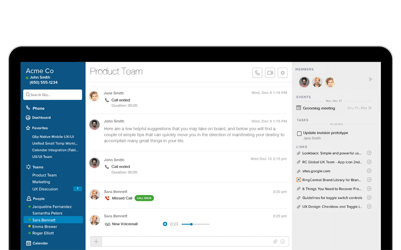 RingCentral Glip software displayed on notebook mock