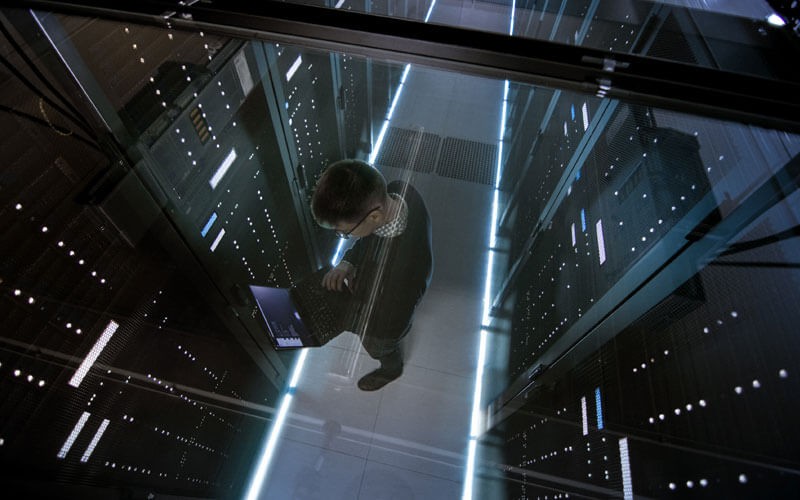 Man working in server room