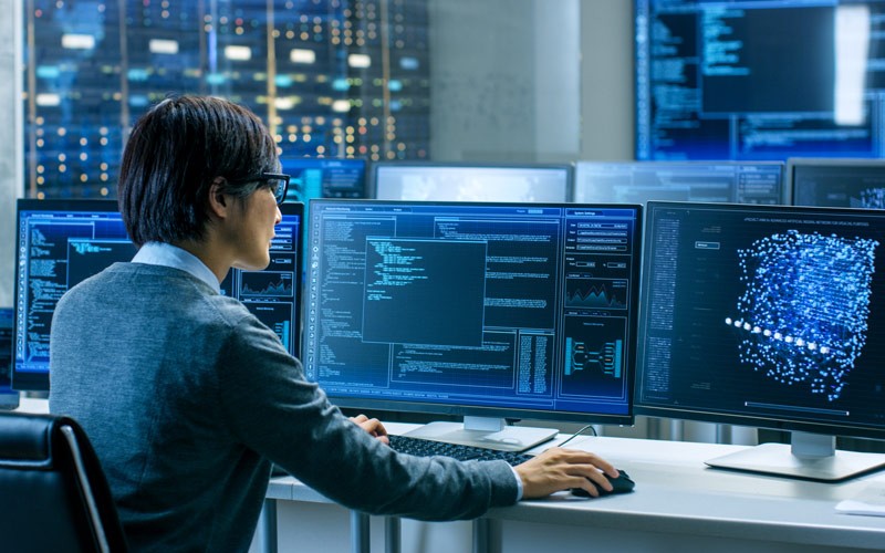 A representative visualisation layer Worker looking at data on laptop